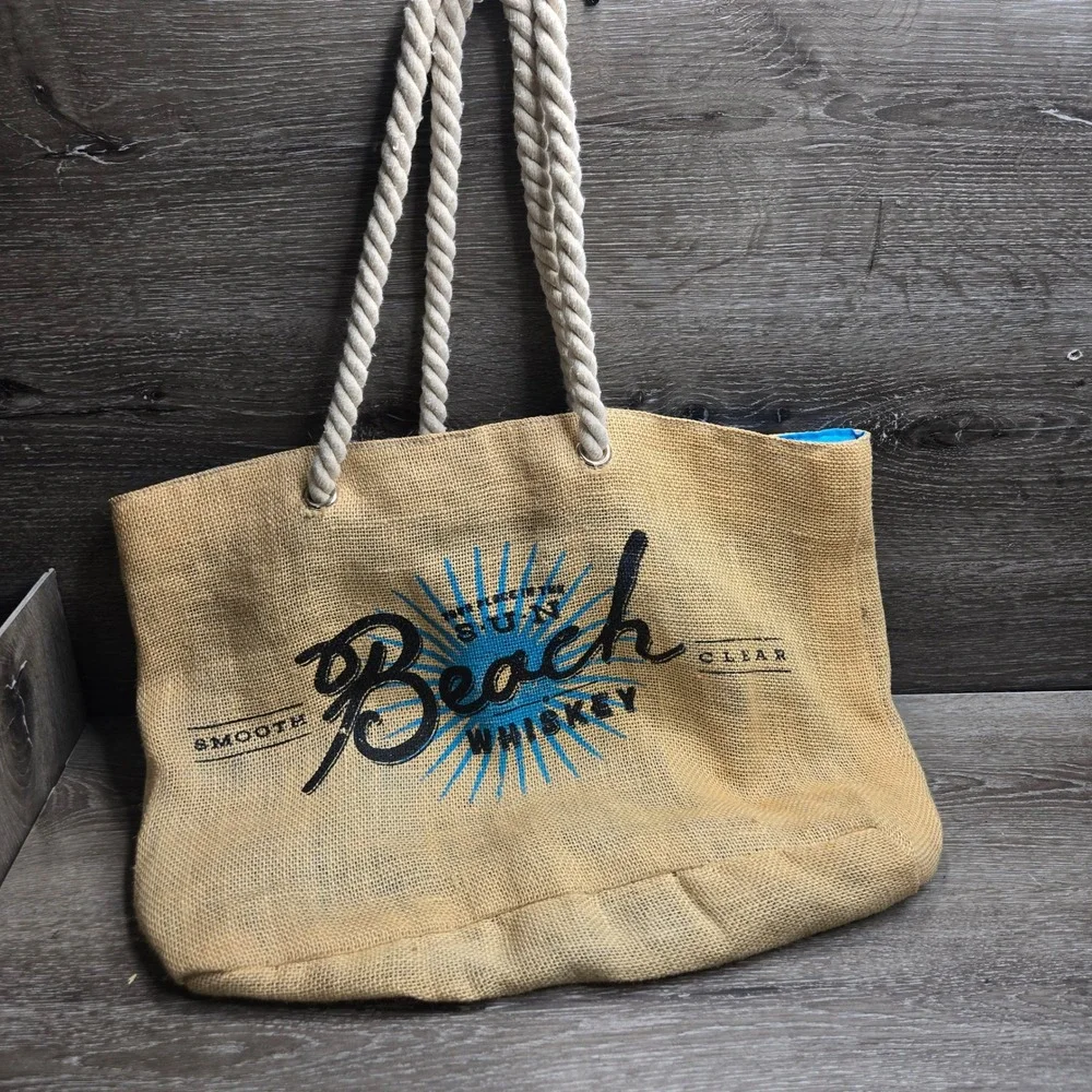 Beach Whiskey Burlap Jute Tote Bag Rope Handles Smooth Clear Sun Promo Bag
